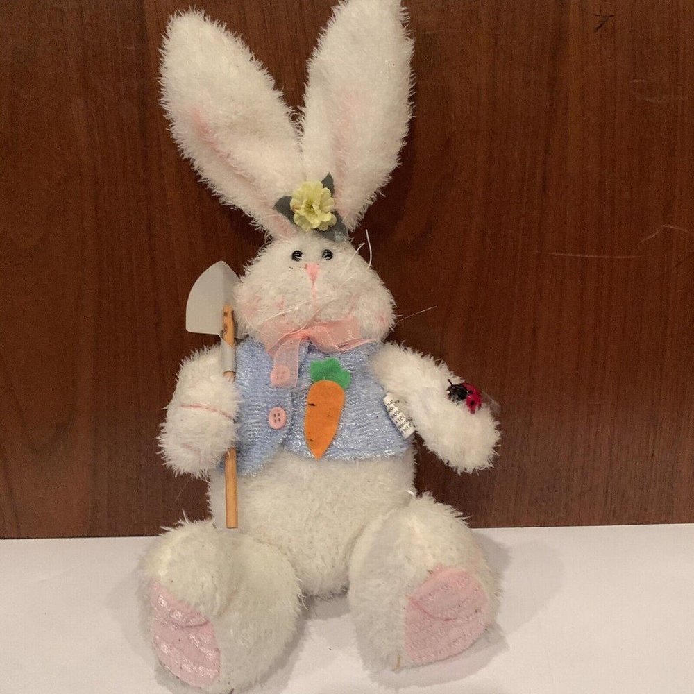 Stuffed Bunny Rabbit Boy With Shovel Bendable Ears - Easter Decor!!
